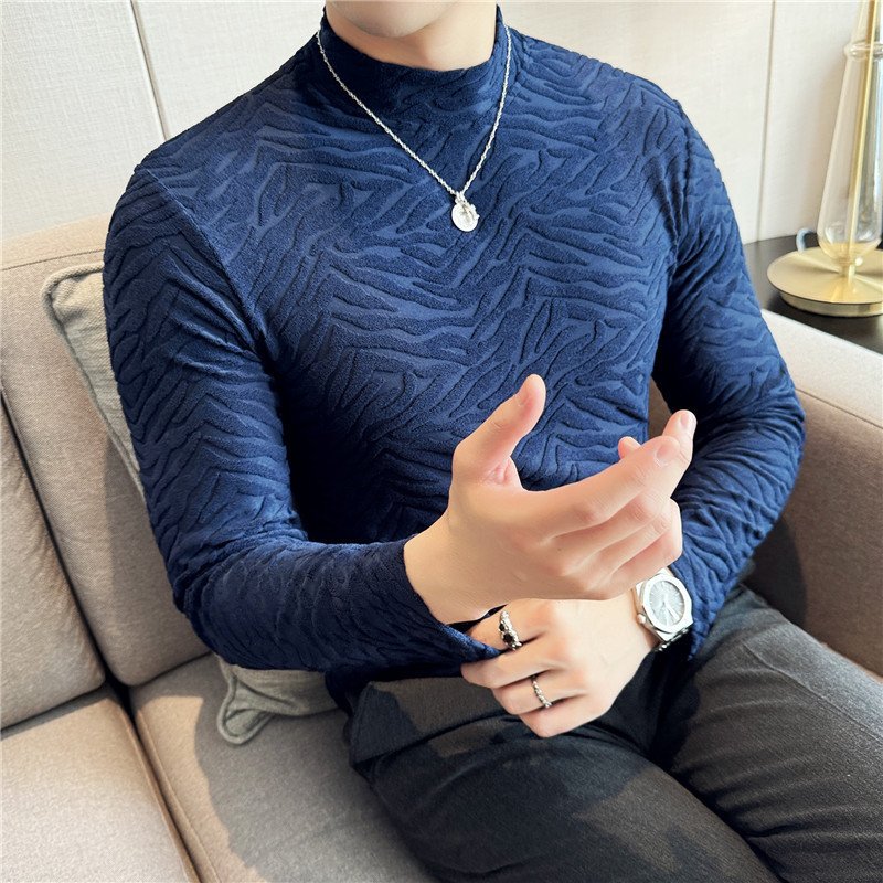 Long-sleeve Striped Stretch Velvet Mock-neck Top