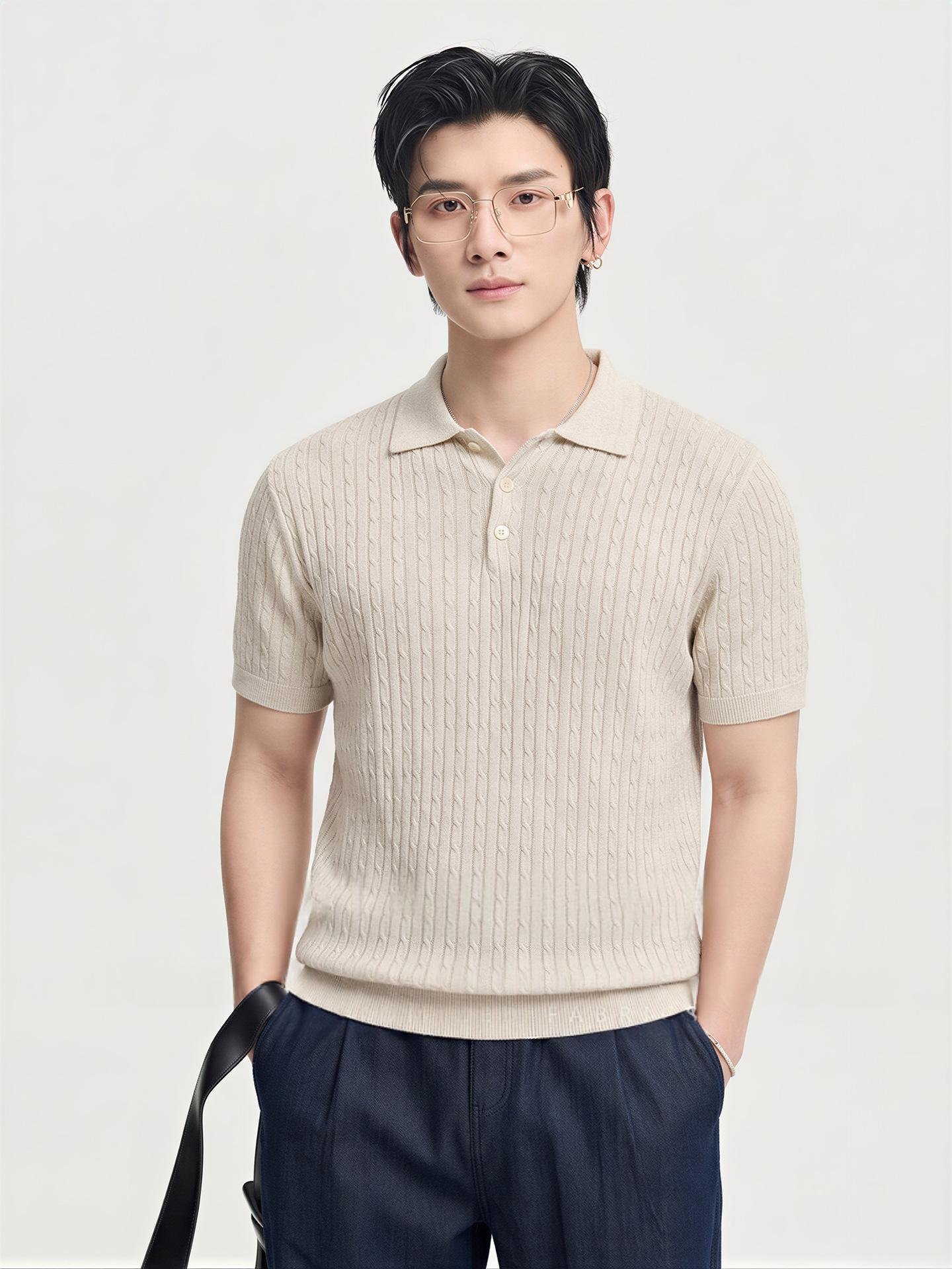 Knitted Cable-Pattern Mens Short-Sleeve T-Shirt