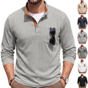 Cross-border Men's Clothing American-style Textured Jacquard Henley Collar Top POLO Shirt Foreign Trade Spring And Autumn Chest Pocket Casual Knitted Sweatshirt