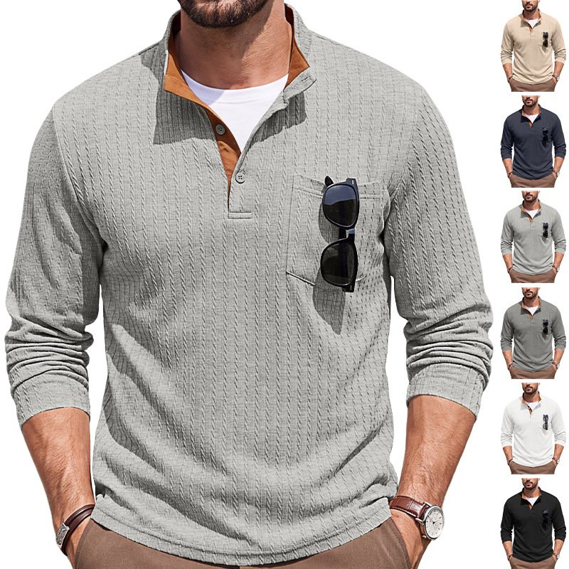 Cross-border Men's Clothing American-style Textured Jacquard Henley Collar Top POLO Shirt Foreign Trade Spring And Autumn Chest Pocket Casual Knitted Sweatshirt