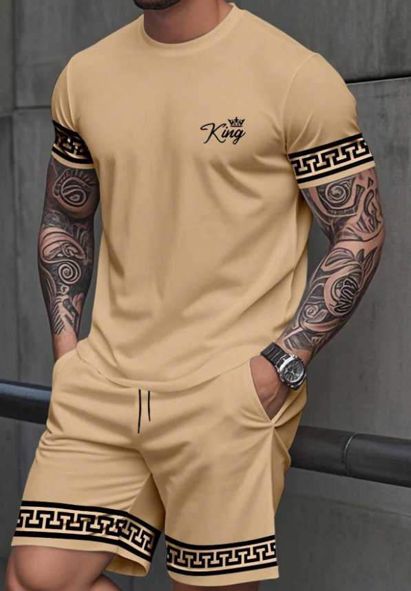 Simple Casual Two-piece Set Featuring A Solid-color Printed T-shirt And Shorts