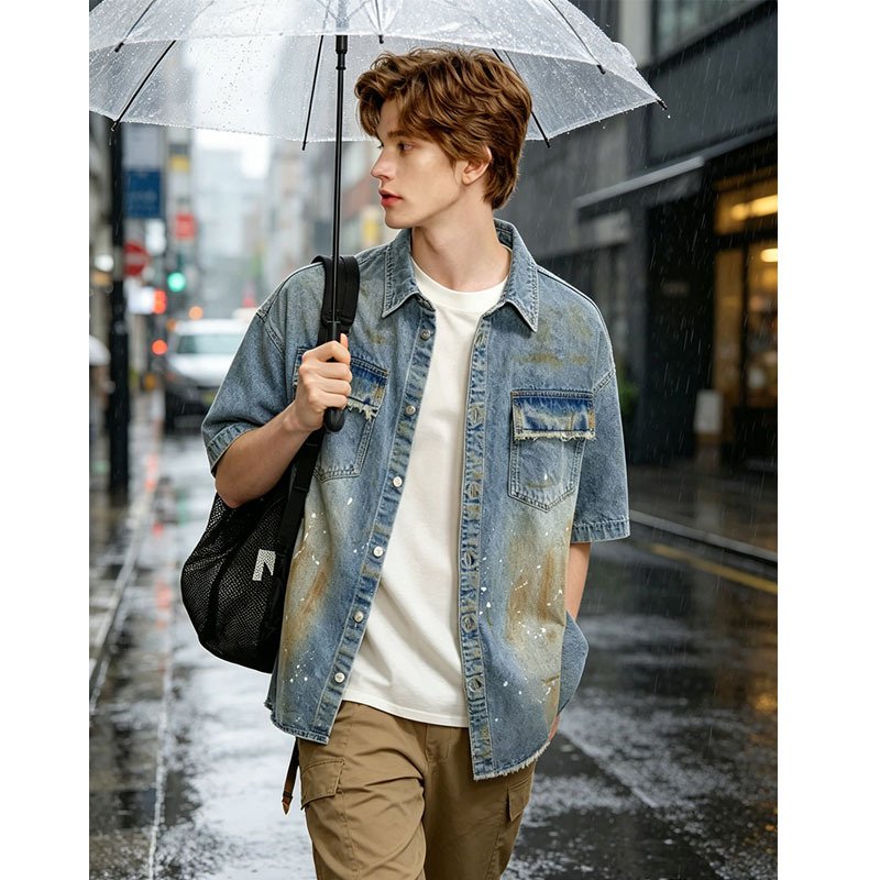 Oversized Denim Shirt Men Vintage Distressed Short Sleeve Streetwear Jean Top Ready To Ship From US